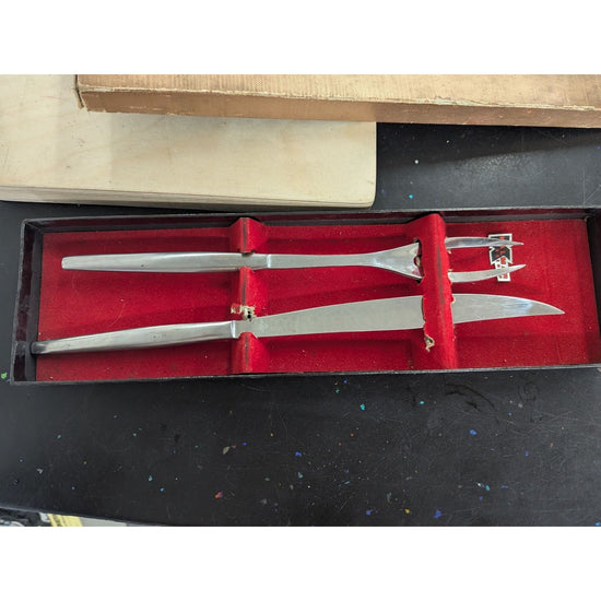 Vintage Silver Carving Knife Set with Red Velvet Case
