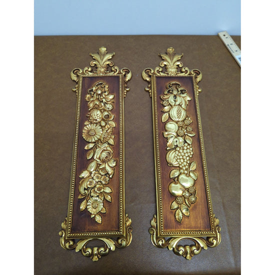Pair Of Vintage Gold & Wood Floral And Fruit Wall Plaques 17”x5” Retro Decor