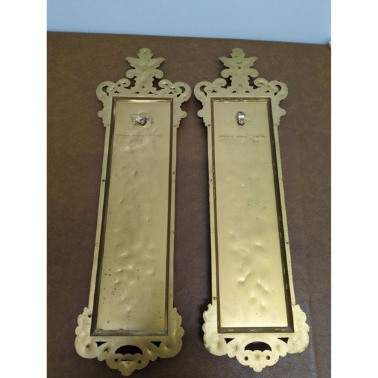 Pair Of Vintage Gold & Wood Floral And Fruit Wall Plaques 17”x5” Retro Decor