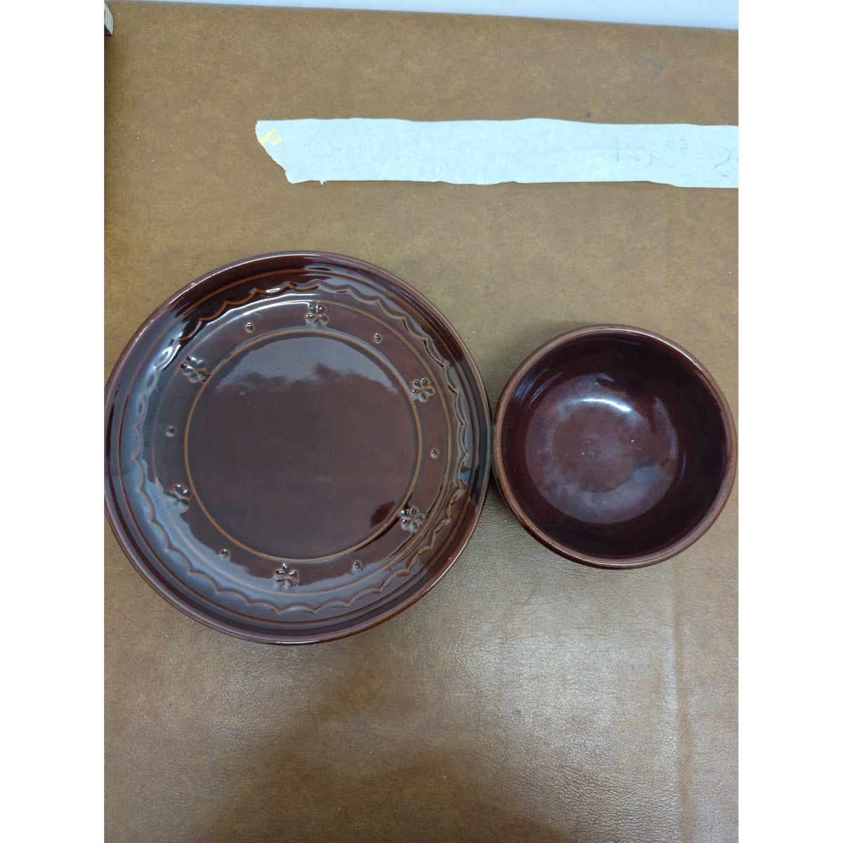 Vintage Marcrest Brown Stoneware Plate & Bowl Set 8" Floral Design Oven-Proof USA