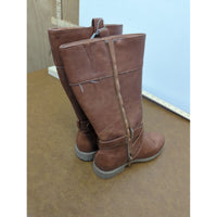 Brown Mid-Calf Faux Leather Boots With Side Zippers & Buckle Detail Size 7 Sturdy Soles Casual Style