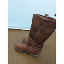 Brown Mid-Calf Faux Leather Boots With Side Zippers & Buckle Detail Size 7 Sturdy Soles Casual Style