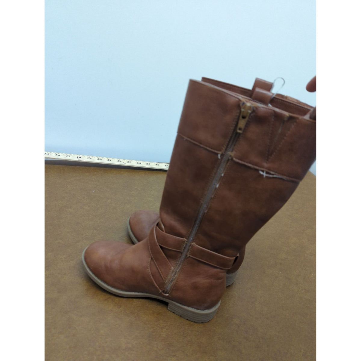 Brown Mid-Calf Faux Leather Boots With Side Zippers & Buckle Detail Size 7 Sturdy Soles Casual Style