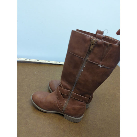Brown Mid-Calf Faux Leather Boots With Side Zippers & Buckle Detail Size 7 Sturdy Soles Casual Style
