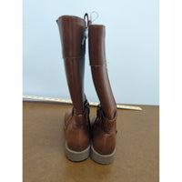 Brown Mid-Calf Faux Leather Boots With Side Zippers & Buckle Detail Size 7 Sturdy Soles Casual Style
