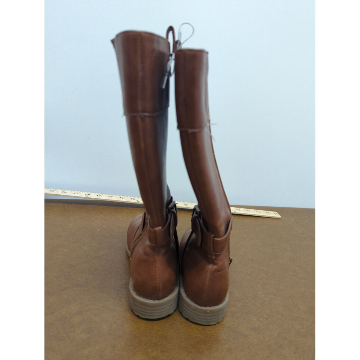 Brown Mid-Calf Faux Leather Boots With Side Zippers & Buckle Detail Size 7 Sturdy Soles Casual Style