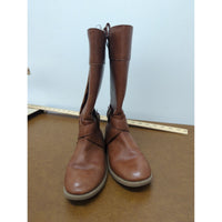 Brown Mid-Calf Faux Leather Boots With Side Zippers & Buckle Detail Size 7 Sturdy Soles Casual Style