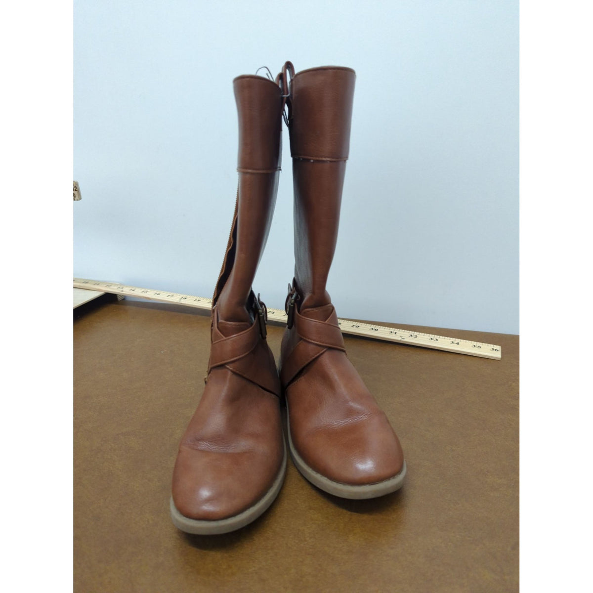 Brown Mid-Calf Faux Leather Boots With Side Zippers & Buckle Detail Size 7 Sturdy Soles Casual Style