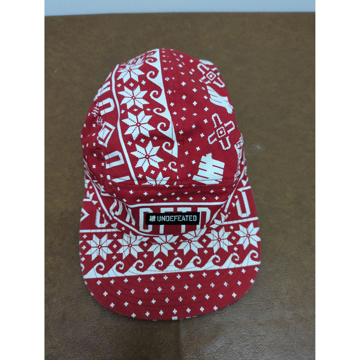 Undefeated Red & White Cotton 5-Panel Adjustable Cap With Holiday Pattern