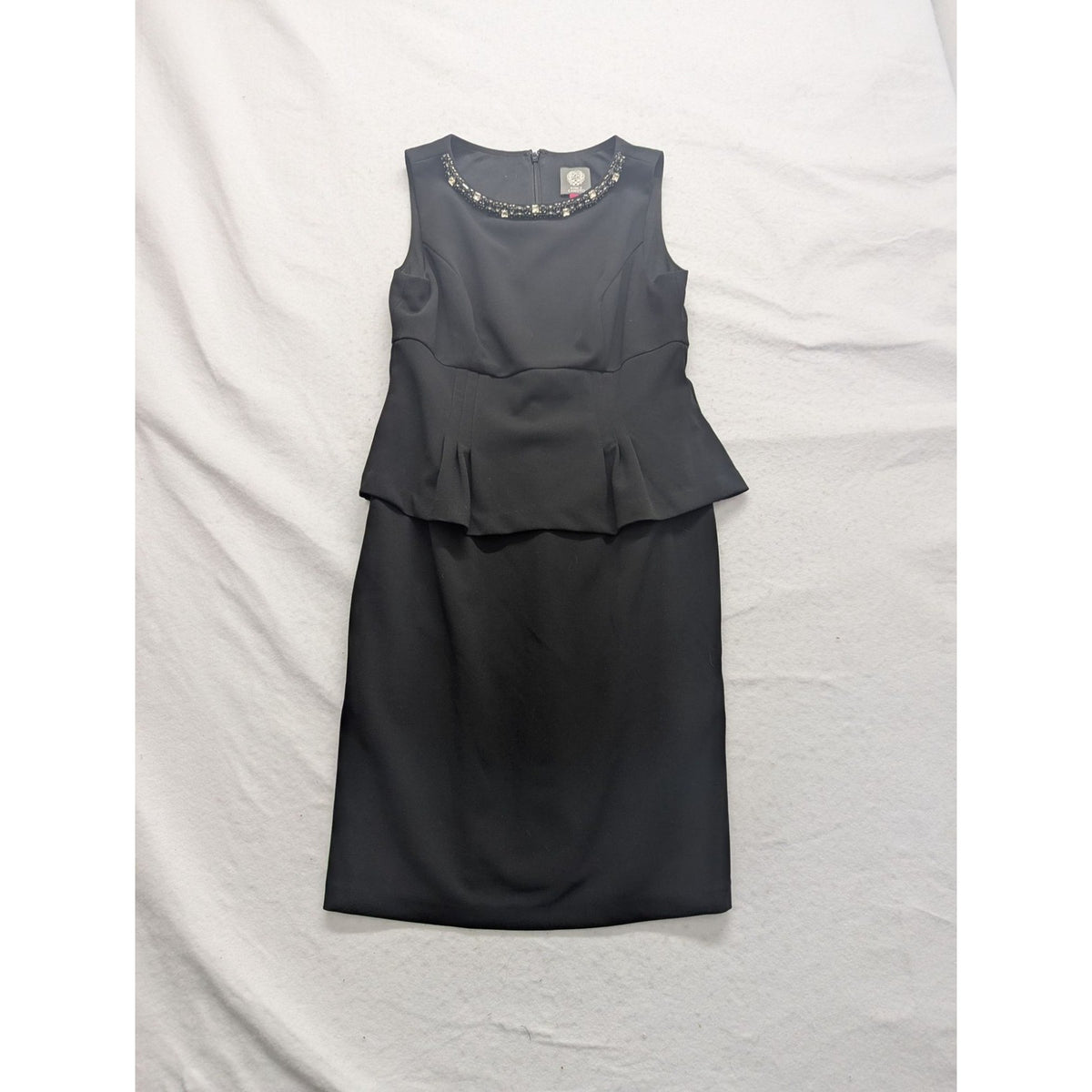 Vince Camuto Womens Black Sleeveless Peplum Dress With Embellished Neckline Size