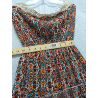 Floral Lace Trim Boho Dress With Tiered Ruffle Hem Smocked Waist Multicolor Size M