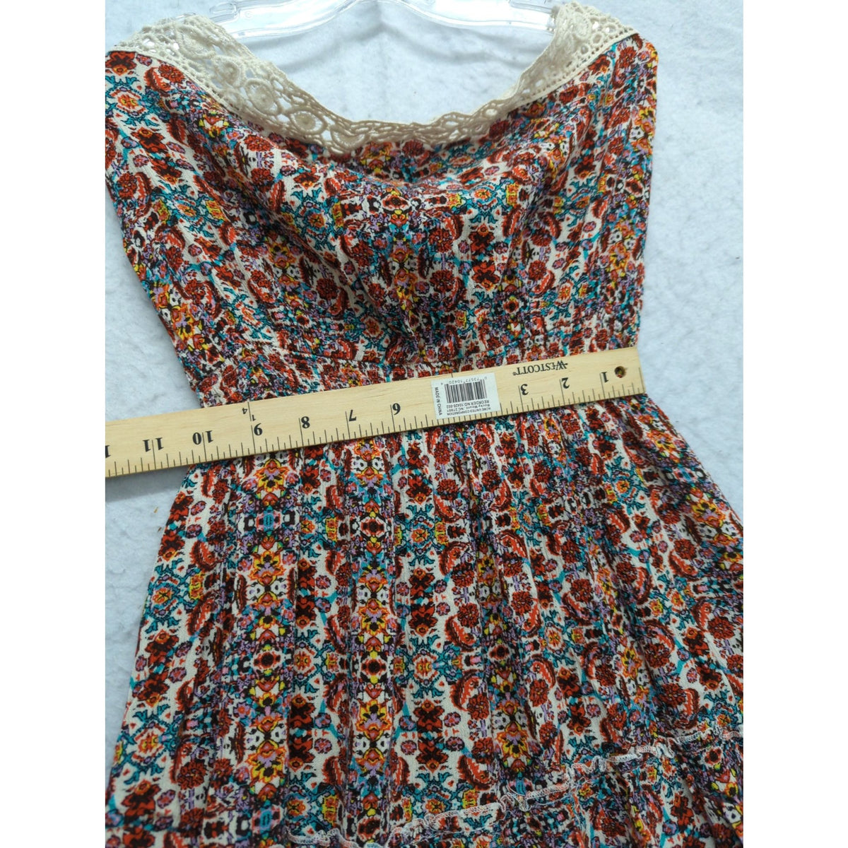 Floral Lace Trim Boho Dress With Tiered Ruffle Hem Smocked Waist Multicolor Size M
