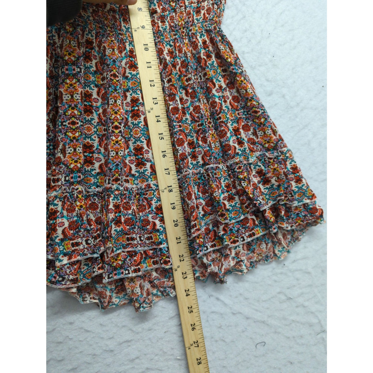 Floral Lace Trim Boho Dress With Tiered Ruffle Hem Smocked Waist Multicolor Size M
