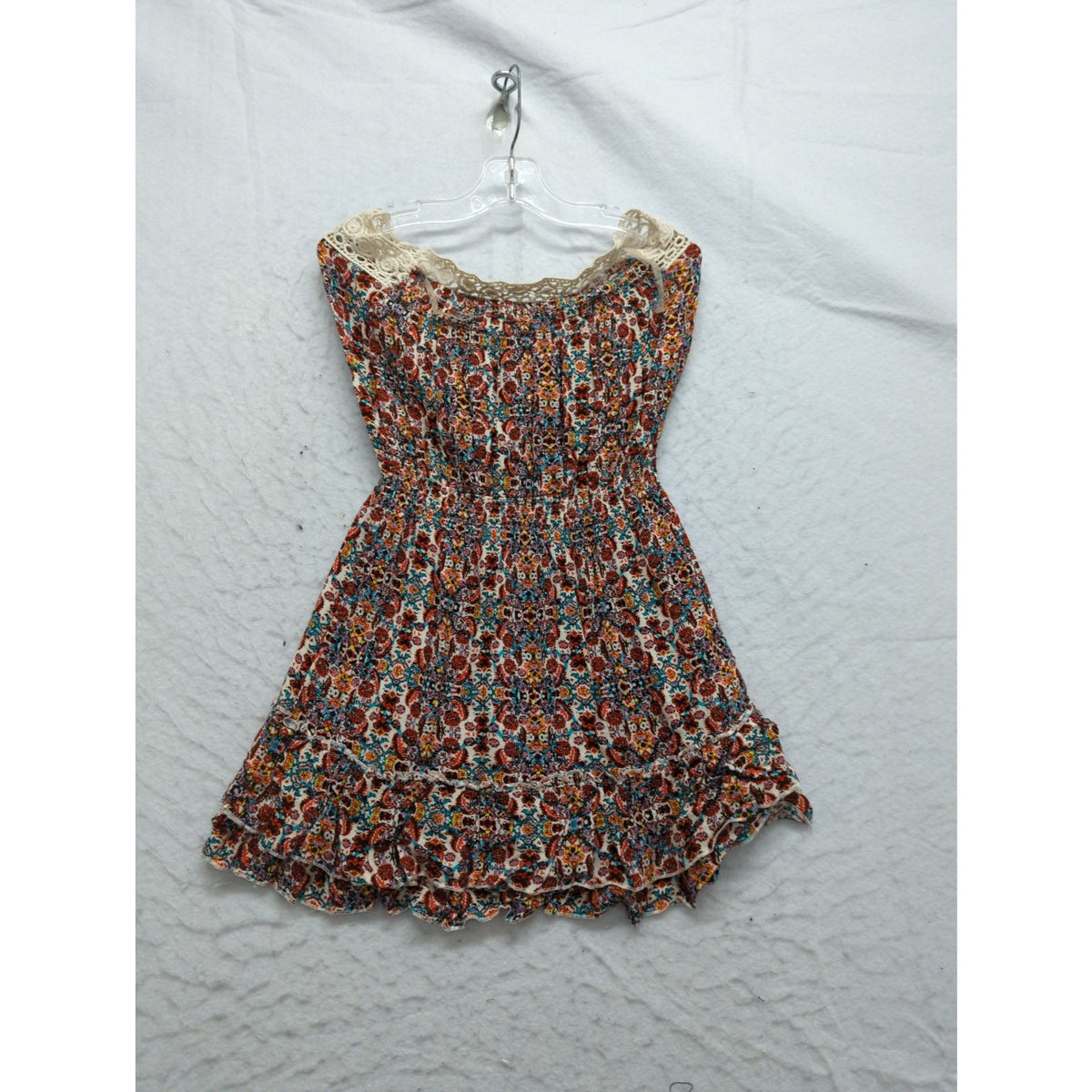 Floral Lace Trim Boho Dress With Tiered Ruffle Hem Smocked Waist Multicolor Size M
