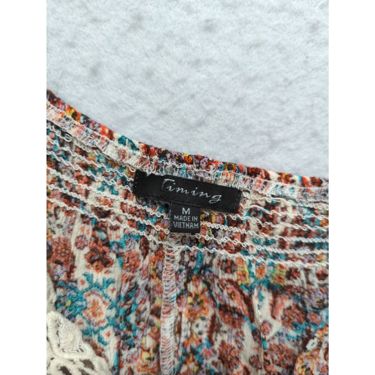Floral Lace Trim Boho Dress With Tiered Ruffle Hem Smocked Waist Multicolor Size M