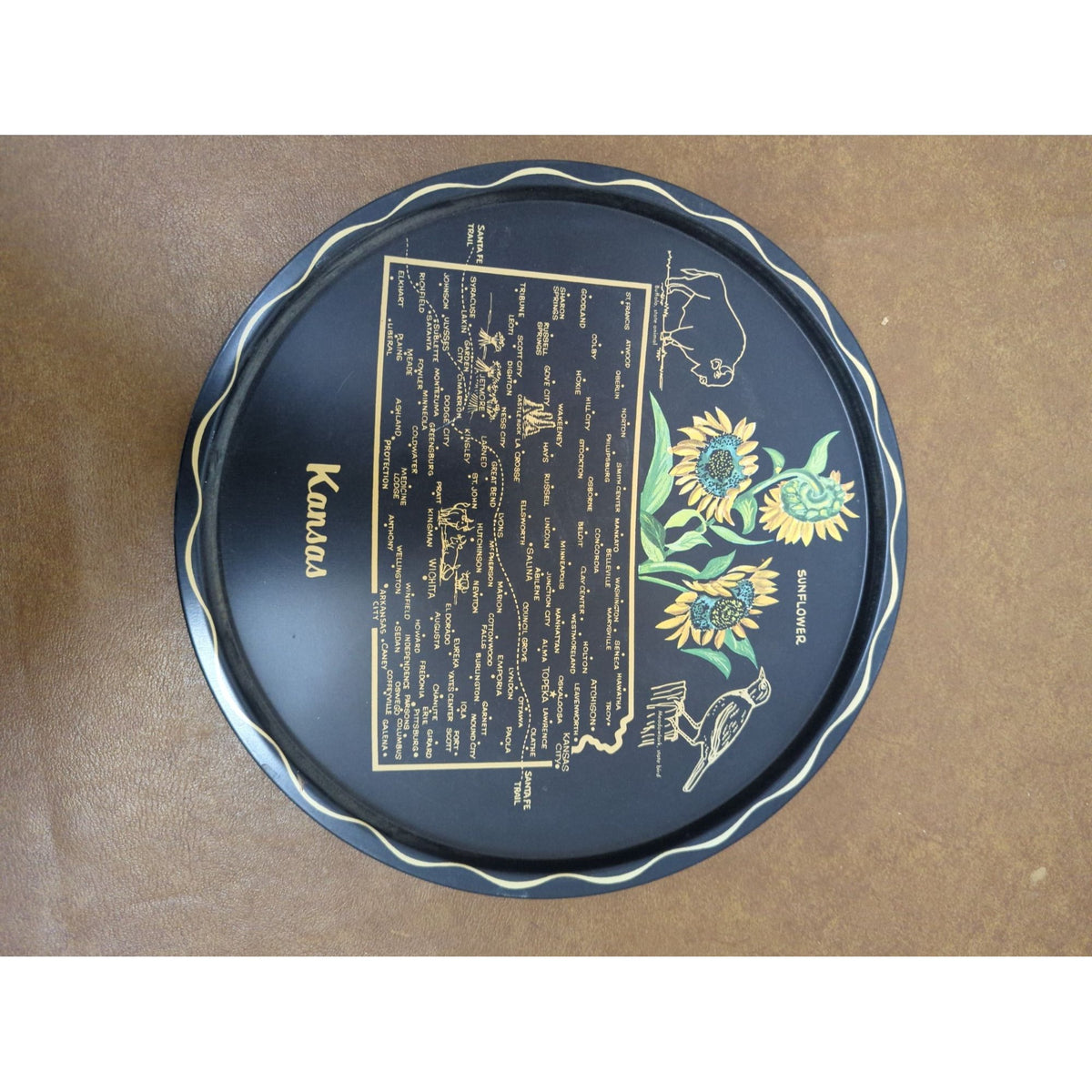 Kansas Souvenir Metal Serving Tray With Sunflower & State Map Design