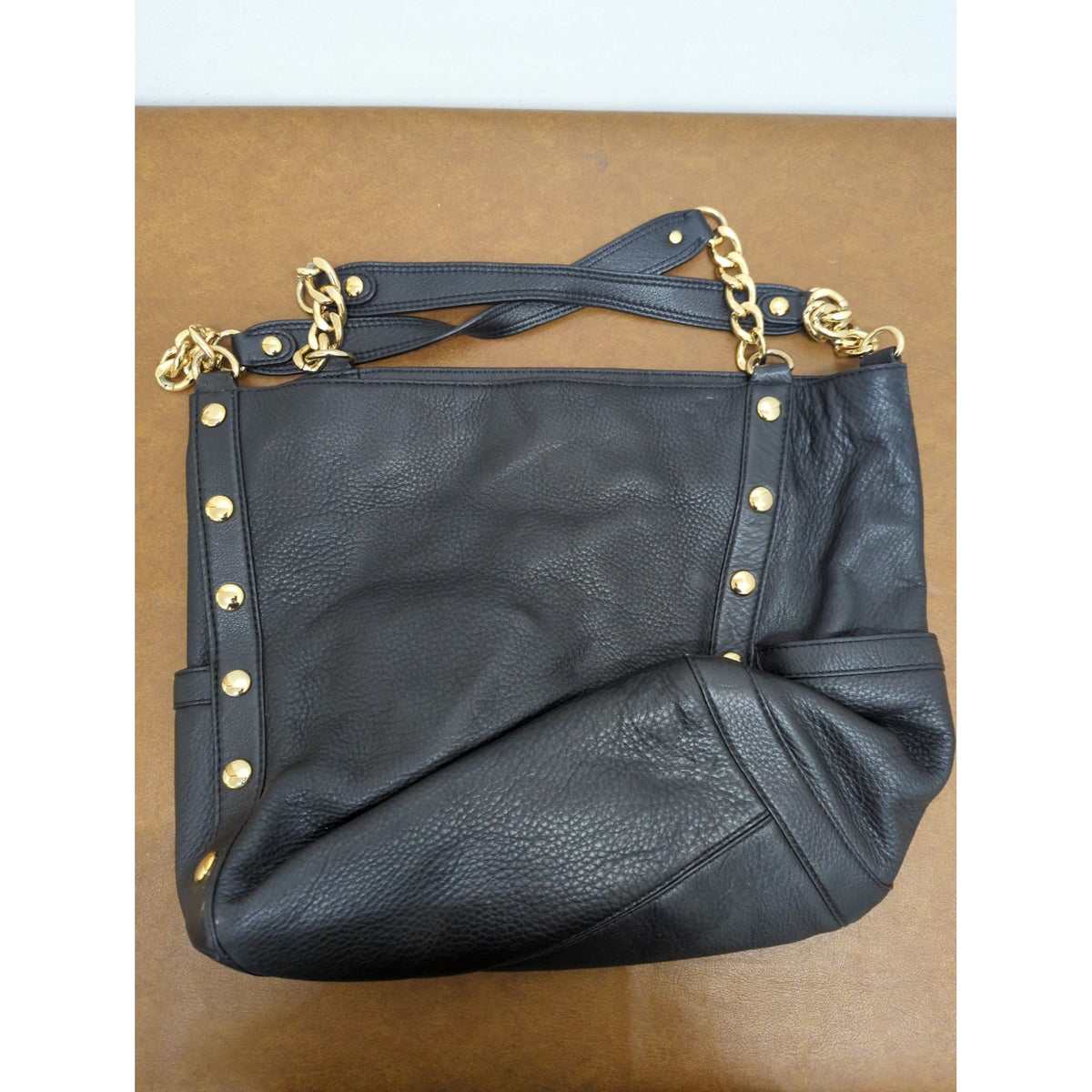 Michael Kors Black Leather Shoulder Bag With Gold Studs & Chain Straps