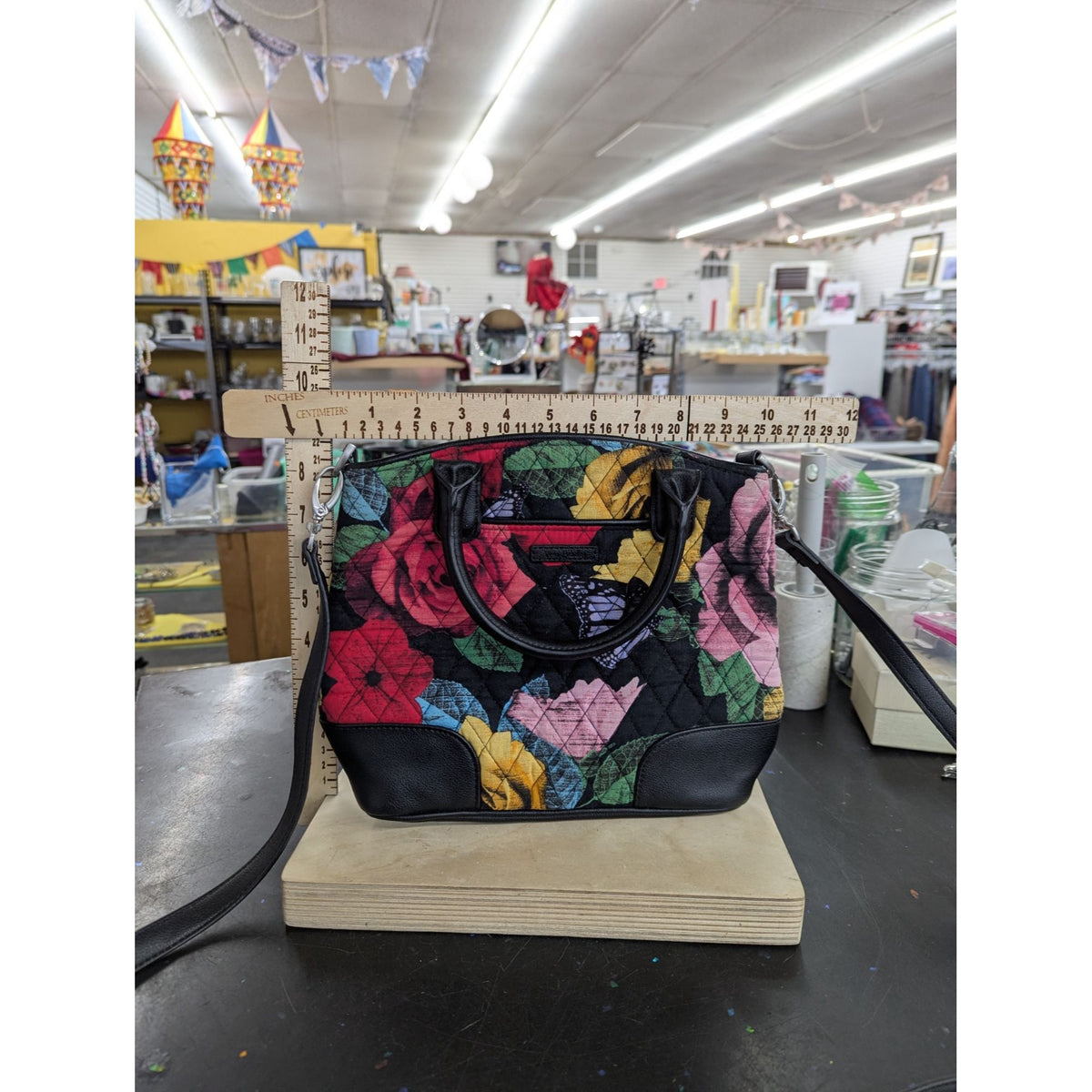Vera Bradley Quilted Floral Shoulder Bag With Polka Dot Lining & Leather Accents - 12"x9"x4"