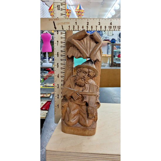Vintage Religious Wood Carved Old Man Violin Sculpture Detailed Handmade Art