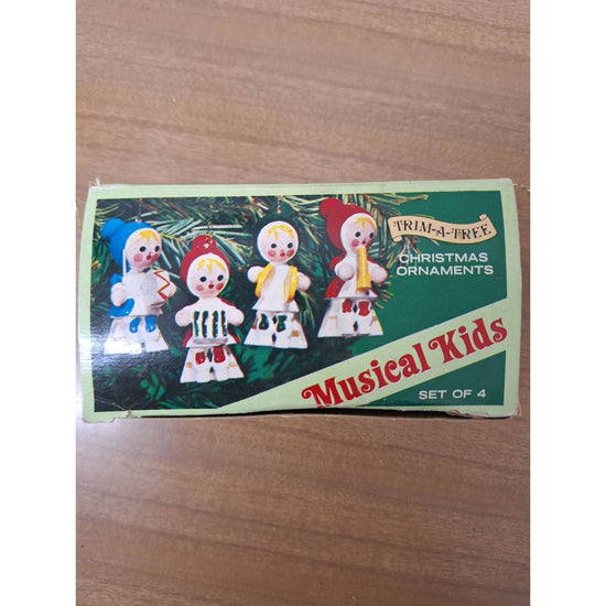 Trim-A-Tree Musical Kids Christmas Ornaments Set Of 4 Hand Painted Wooden Figure