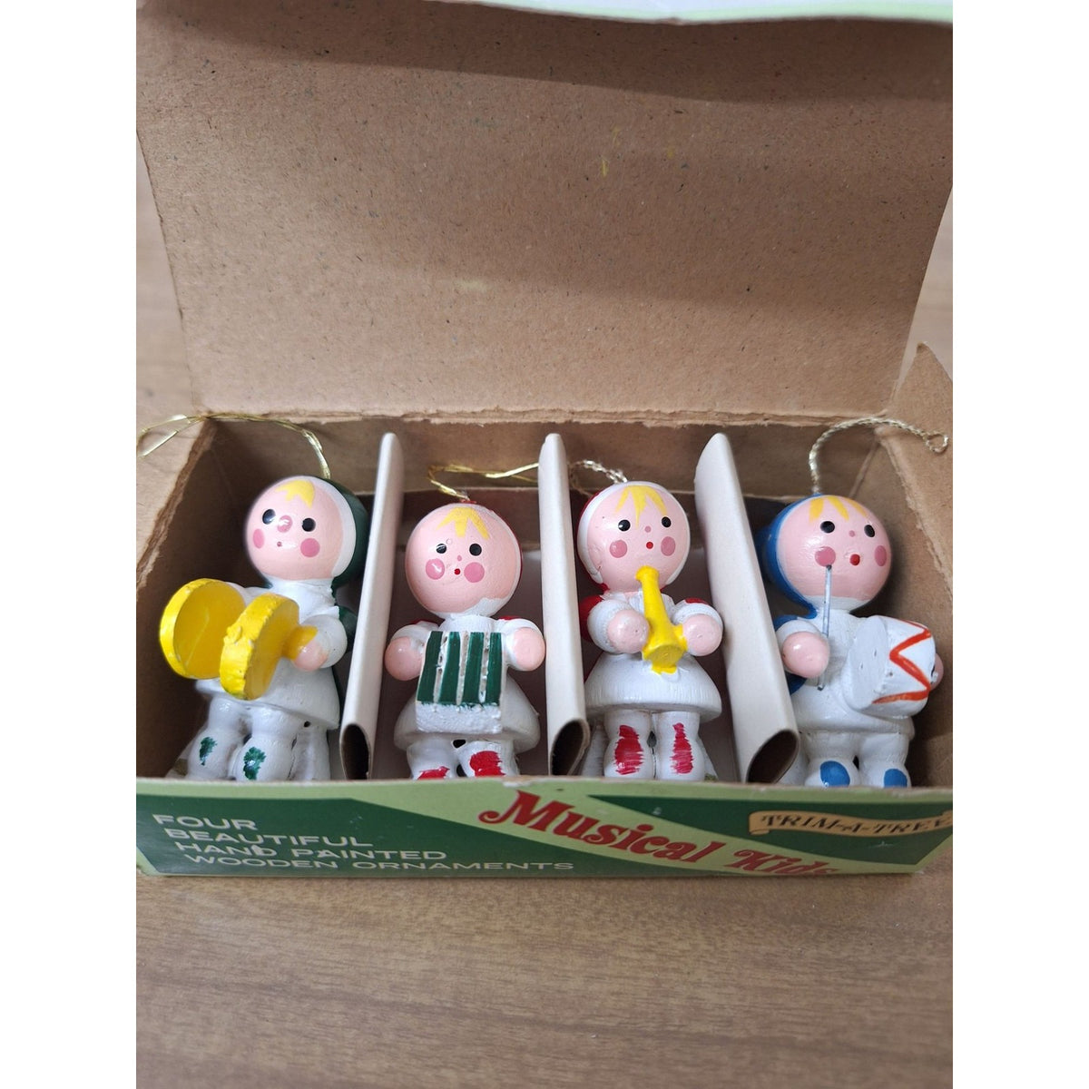 Trim-A-Tree Musical Kids Christmas Ornaments Set Of 4 Hand Painted Wooden Figure