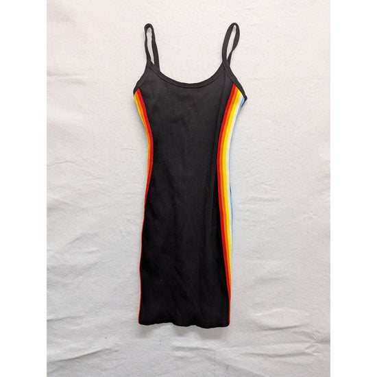 Black Ribbed Bodycon Mini Dress With Rainbow Side Stripes & Spaghetti Straps - B