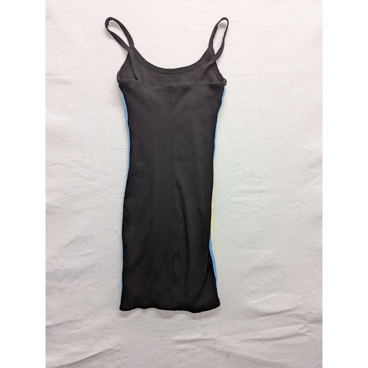 Black Ribbed Bodycon Mini Dress With Rainbow Side Stripes & Spaghetti Straps - B