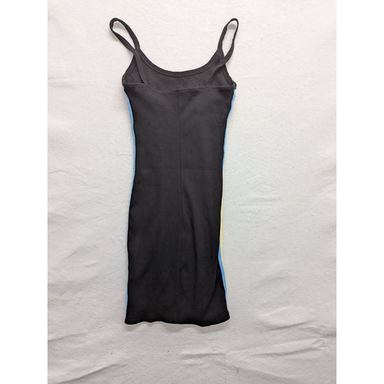 Black Ribbed Bodycon Mini Dress With Rainbow Side Stripes & Spaghetti Straps - B