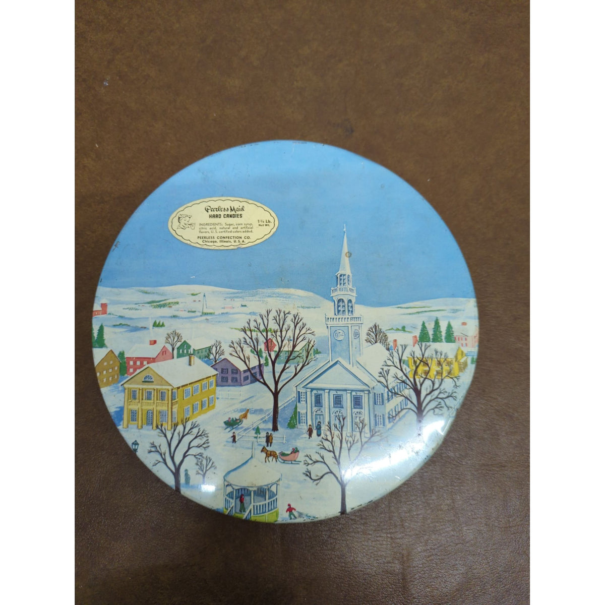 Vintage Peerless Maid Hard Candies Tin With Winter Scene Design 3 1/4 Lb Capacity Chicago USA