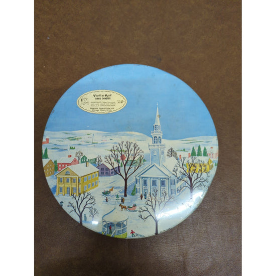 Vintage Peerless Maid Hard Candies Tin With Winter Scene Design 3 1/4 Lb Capacity Chicago USA