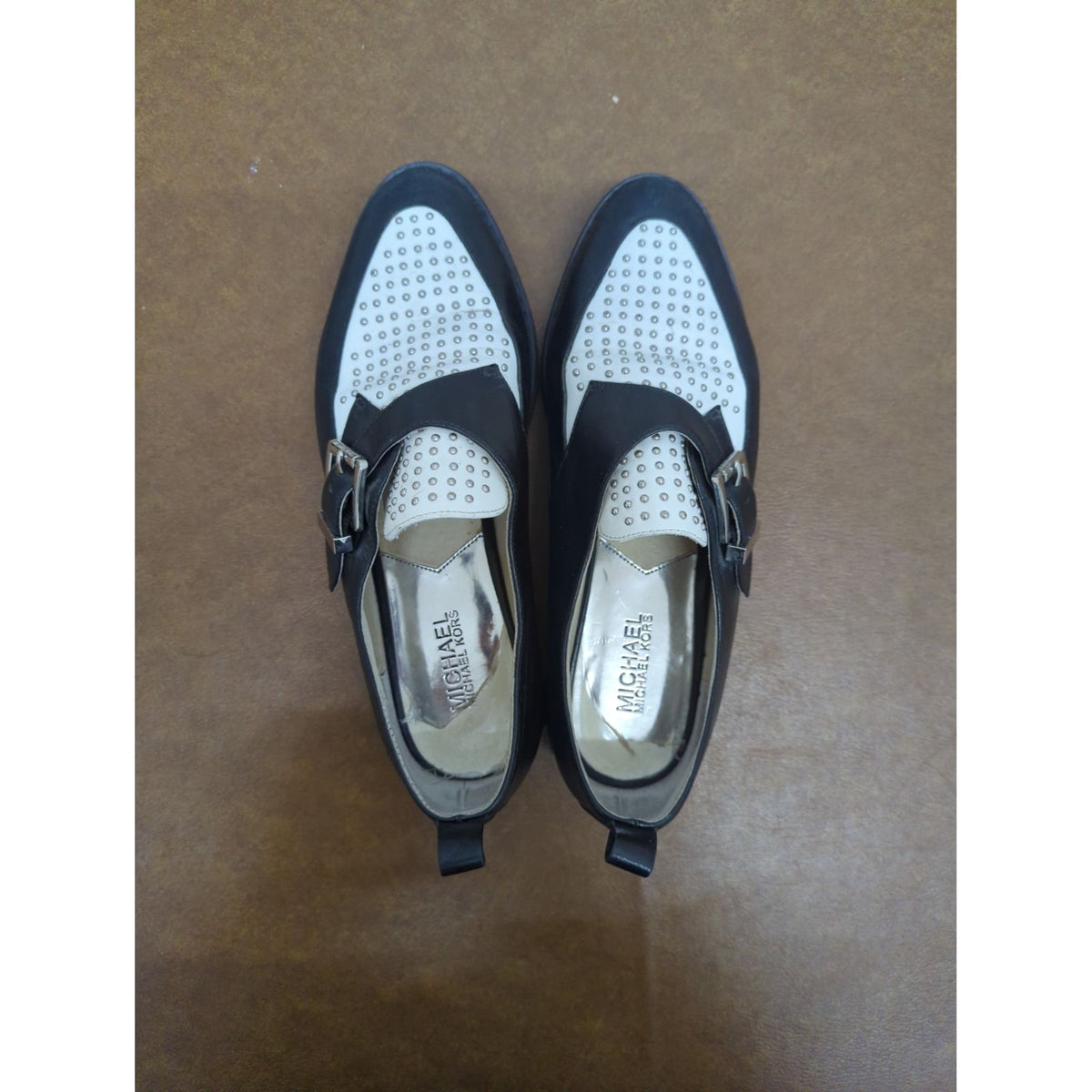 Michael Kors Womens Black & White Studded Loafers With Buckle Accent - Size 8M