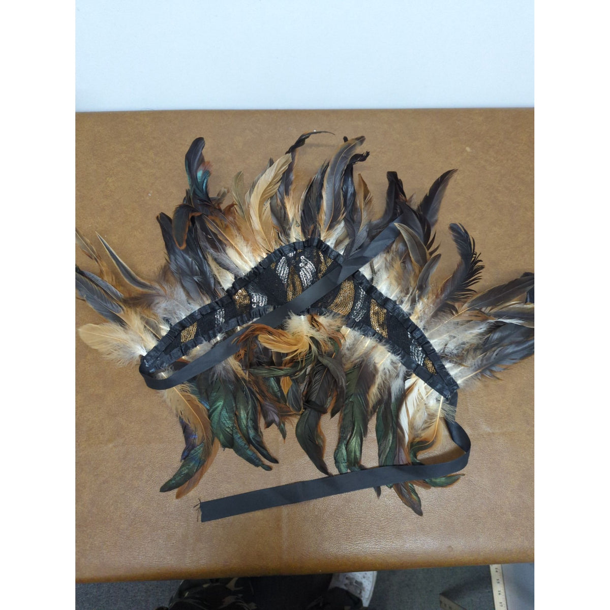 Feathered Festival Costume Headpiece With Sequins & Adjustable Ties