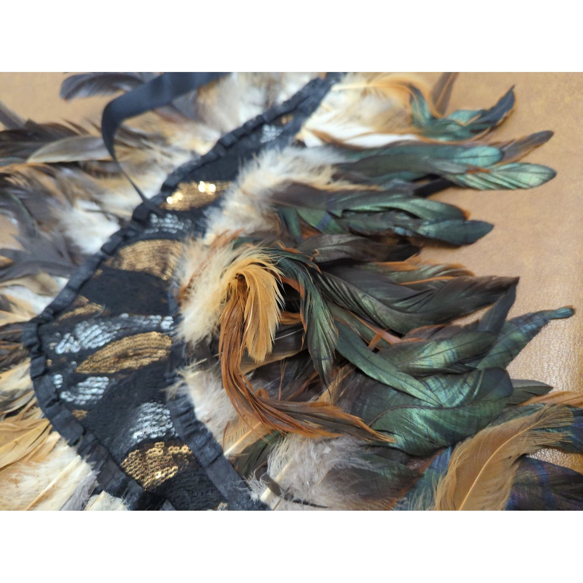 Feathered Festival Costume Headpiece With Sequins & Adjustable Ties