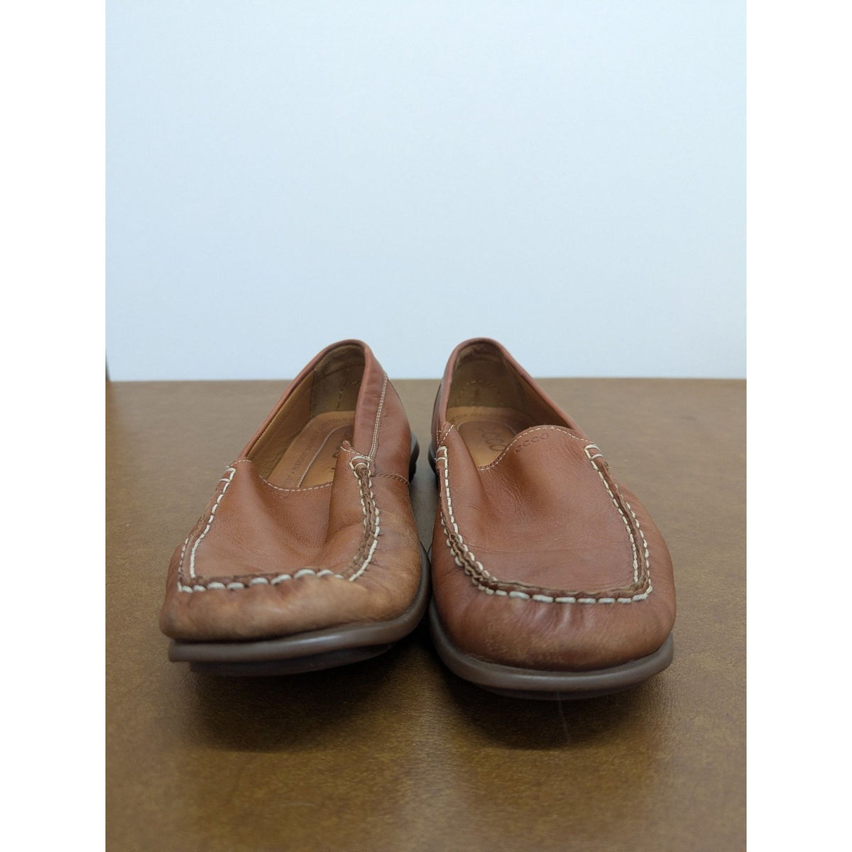 Ecco Mens Brown Leather Moccasin Loafers Size 43 With Latex Sole