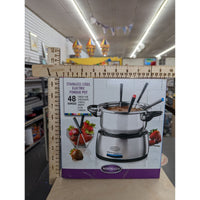 Stainless Steel Electric Fondue Pot By Nostalgia 48 Oz With 6 Forks Variable Heat Control & Stay-Cool Handles