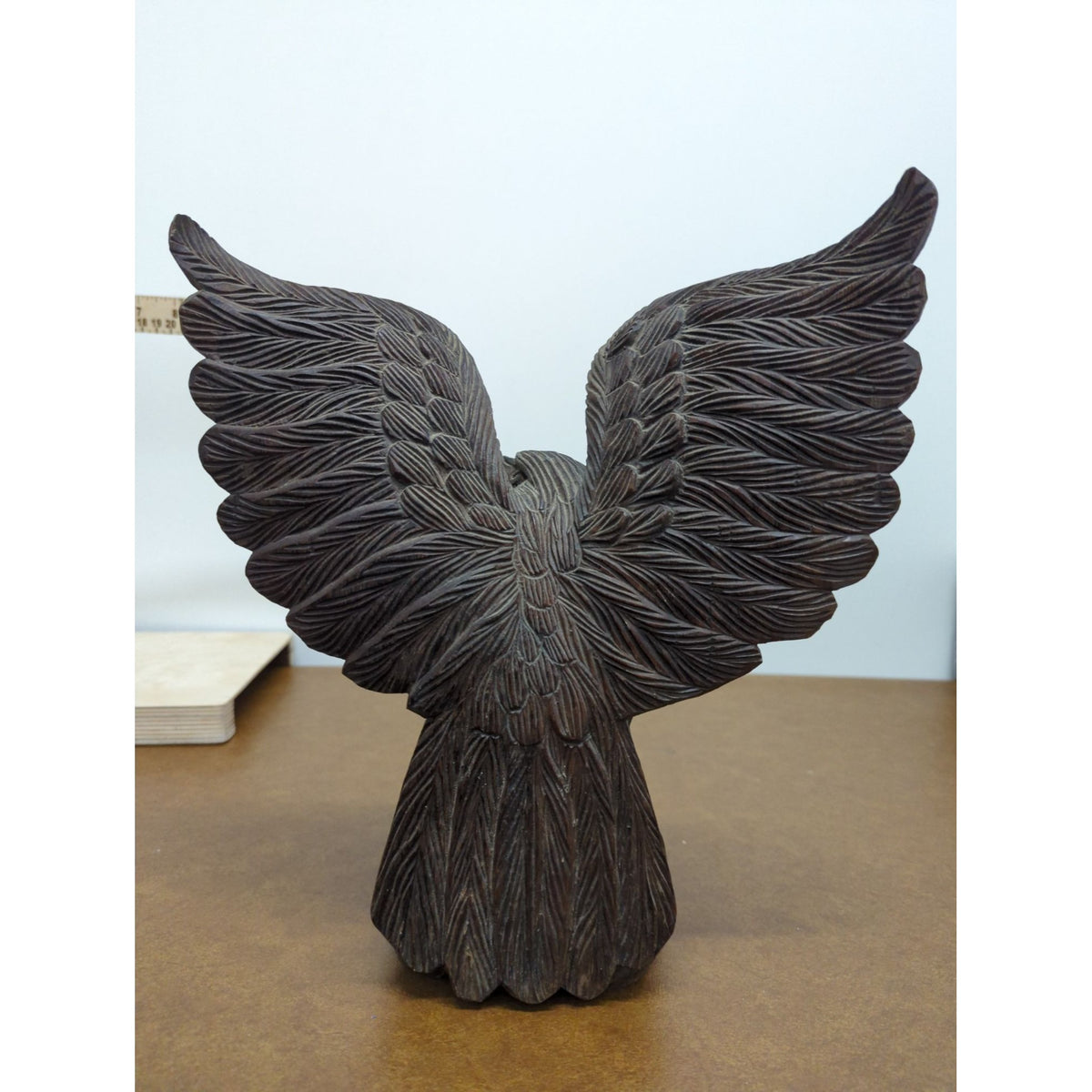 Hand-Carved Wooden Eagle Figurine With Detailed Feathers And Outstretched Wings 11" Tall Rustic Decor Piece