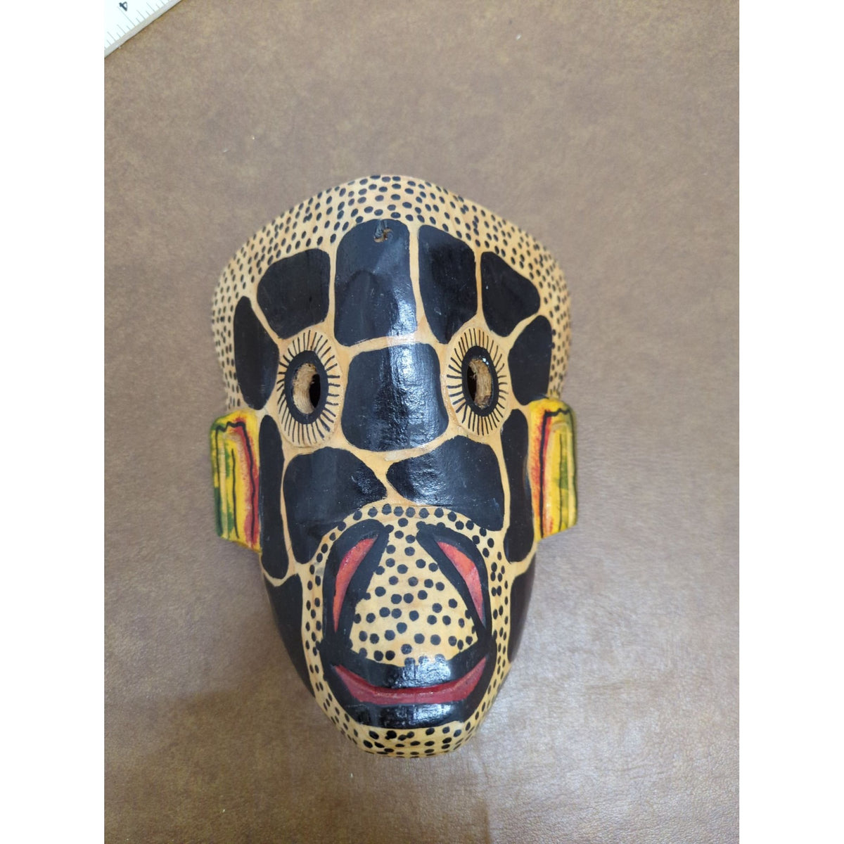 Hand-Carved Wooden Jaguar Mask With Painted Polka Dot Design - 9" Height - Wall Hanging Decorative Art Piece