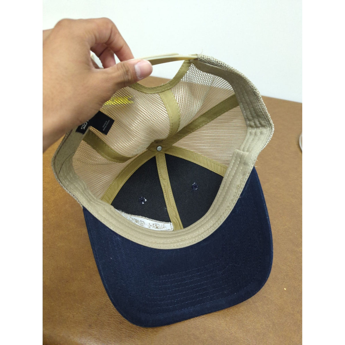 Ash Grove Navy & Tan Trucker Hat With Mesh Back Adjustable Snapback Logo Cap