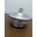 Vintage Silver-Plated Covered Casserole Dish With Glass Insert Ornate Lid Handle Leaf Motif 8" Diameter 6.5" Height