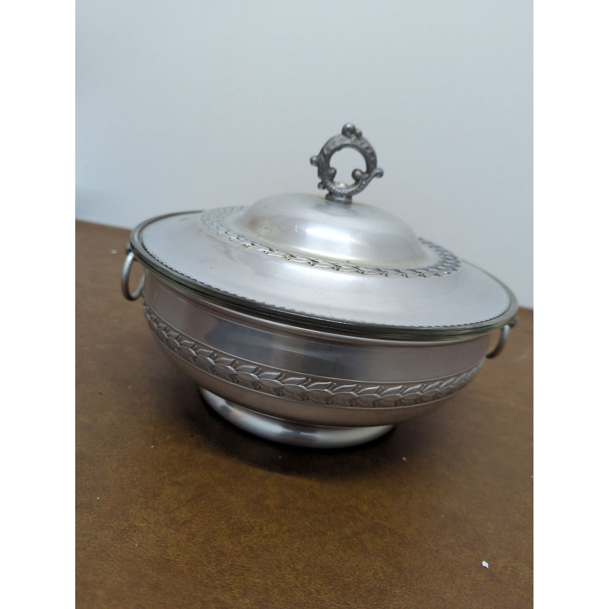 Vintage Silver-Plated Covered Casserole Dish With Glass Insert Ornate Lid Handle Leaf Motif 8" Diameter 6.5" Height