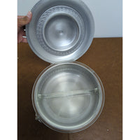 Vintage Silver-Plated Covered Casserole Dish With Glass Insert Ornate Lid Handle Leaf Motif 8" Diameter 6.5" Height