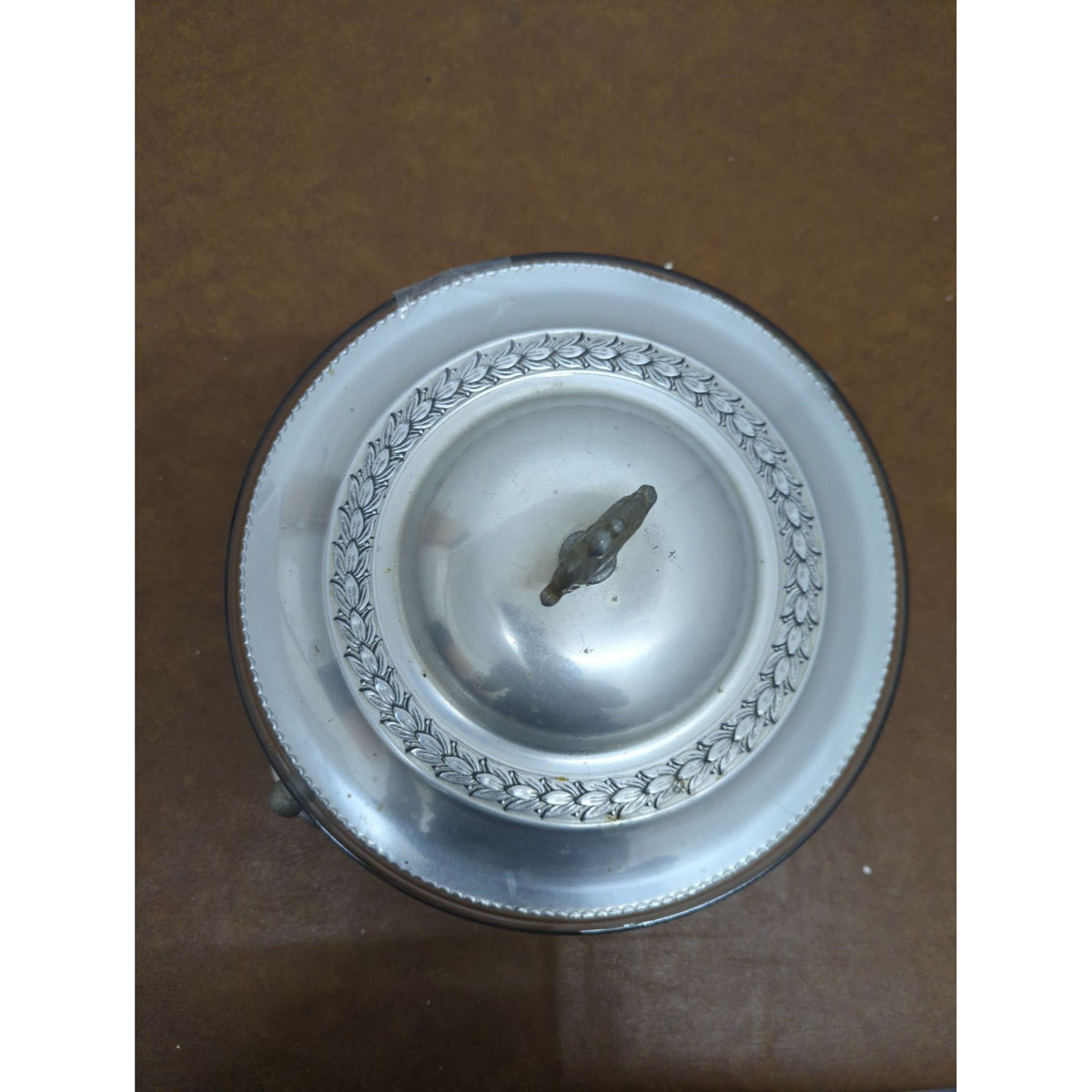 Vintage Silver-Plated Covered Casserole Dish With Glass Insert Ornate Lid Handle Leaf Motif 8" Diameter 6.5" Height