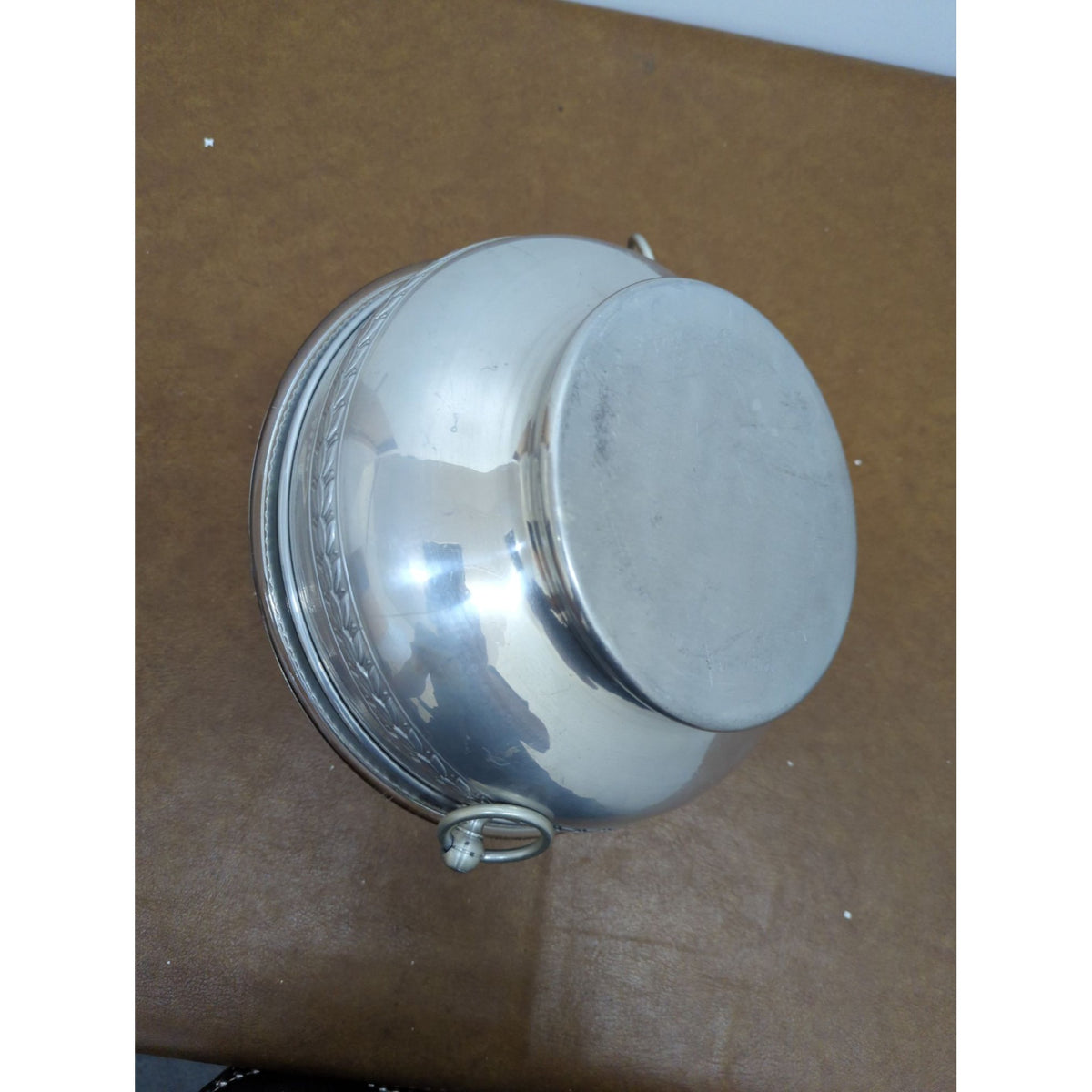Vintage Silver-Plated Covered Casserole Dish With Glass Insert Ornate Lid Handle Leaf Motif 8" Diameter 6.5" Height