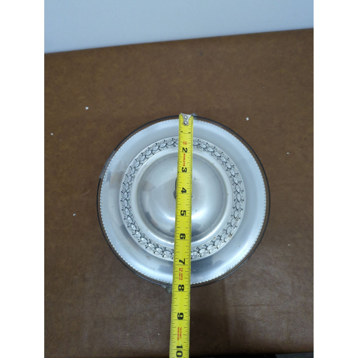 Vintage Silver-Plated Covered Casserole Dish With Glass Insert Ornate Lid Handle Leaf Motif 8" Diameter 6.5" Height