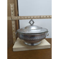 Vintage Silver-Plated Covered Casserole Dish With Glass Insert Ornate Lid Handle Leaf Motif 8" Diameter 6.5" Height