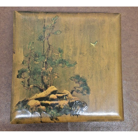 Vintage Hand-Painted Wooden Trinket Box With Scenic Tree Design & Hinged Lid