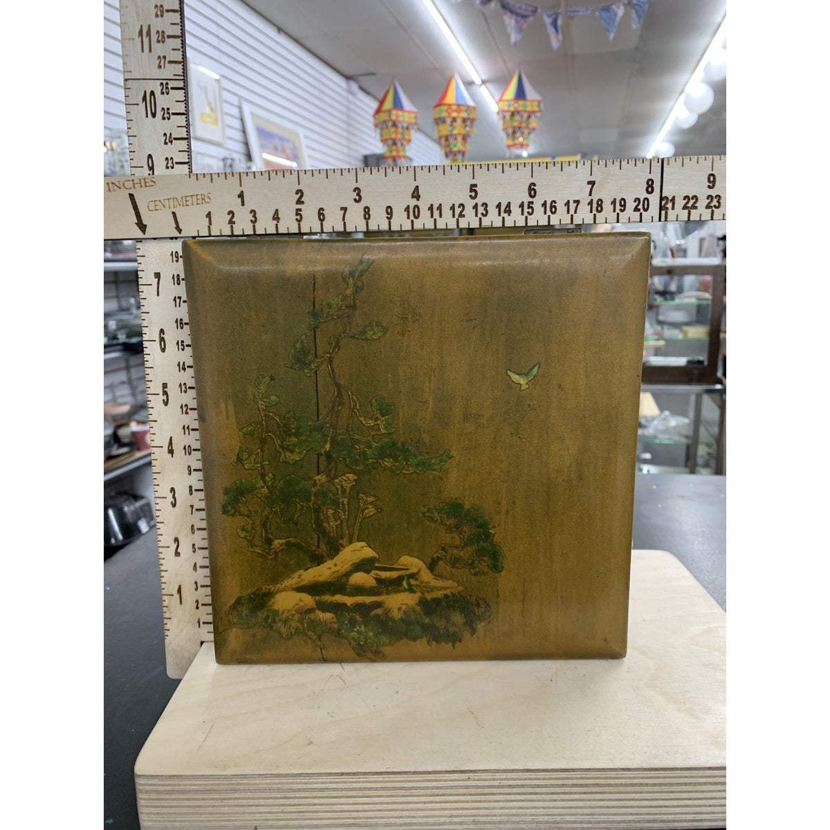 Vintage Hand-Painted Wooden Trinket Box With Scenic Tree Design & Hinged Lid