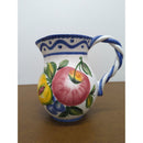 Hand-Painted Italian Ceramic Pitcher With Fruit Design & Blue Trim 5.5" Tall