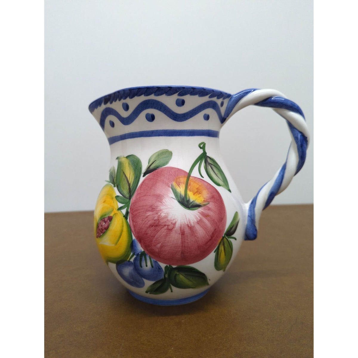 Hand-Painted Italian Ceramic Pitcher With Fruit Design & Blue Trim 5.5" Tall