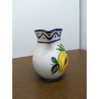 Hand-Painted Italian Ceramic Pitcher With Fruit Design & Blue Trim 5.5" Tall